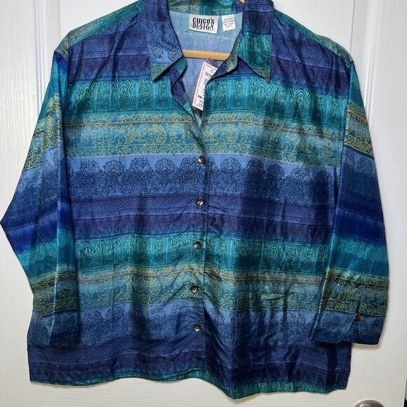 Chico's Design NWT Silk Button Up Long Sleeve Shirt Top Womens Size 2 Large Blue - Picture 1 of 11
